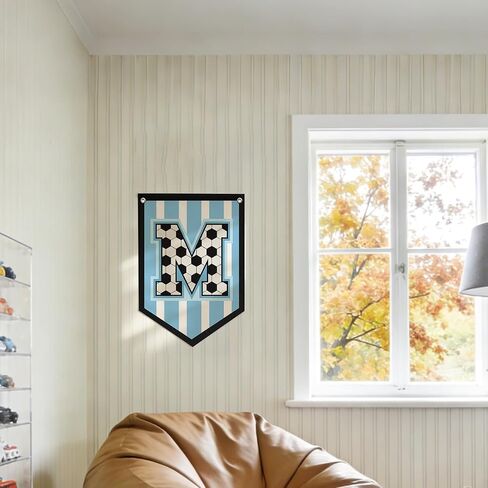 Soccer Letter M Banner Decor, Toddler Boys Room Decor Name Pennant Flag Personalized Boy Gifts, Vintage Sports Boy Nursery Wall Art Decor, Name Sign for Toddler Bedroom Playroom Decor 11.8X16.5 Inch in Saudi Arabia