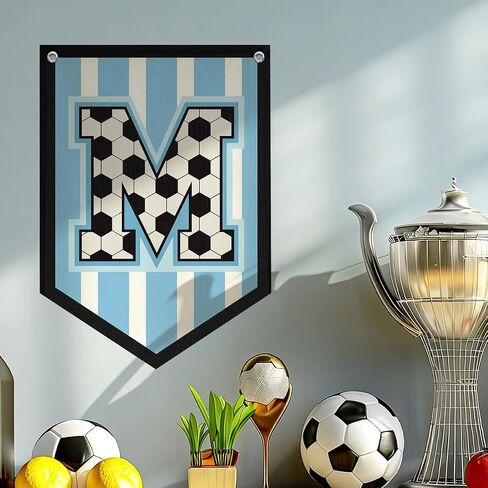 Soccer Letter M Banner Decor, Toddler Boys Room Decor Name Pennant Flag Personalized Boy Gifts, Vintage Sports Boy Nursery Wall Art Decor, Name Sign for Toddler Bedroom Playroom Decor 11.8X16.5 Inch in Saudi Arabia
