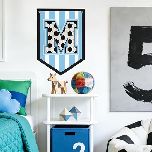 Soccer Letter M Banner Decor, Toddler Boys Room Decor Name Pennant Flag Personalized Boy Gifts, Vintage Sports Boy Nursery Wall Art Decor, Name Sign for Toddler Bedroom Playroom Decor 11.8X16.5 Inch in Saudi Arabia