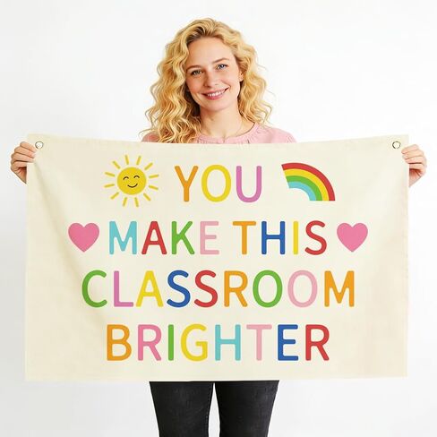 Linen Canvas Banner You Make This Classroom Brighter Wall Art Decor Hanging Banner Flag for School Nursery Playroom Welcome Sign Canvas Flag for School Season 29.9 x 19.7inch in Kuwait