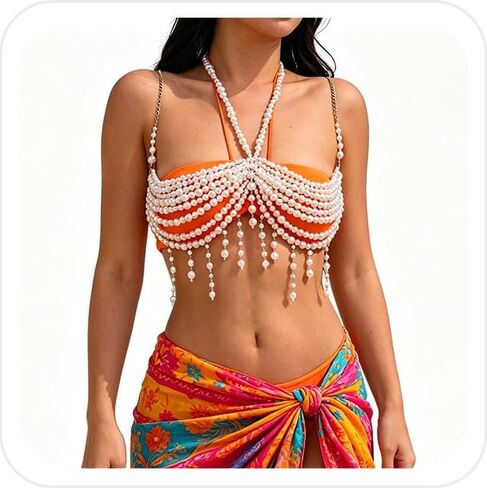 Summer Mulit-layered Pearl Tassel Chest Body Chain Festival Rave Pearl Top Vest Sexy Bikini Beach Beaded Body Chain Bra Jewelry for Women in Kuwait
