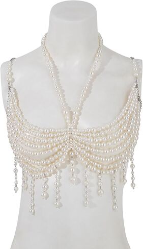 Summer Mulit-layered Pearl Tassel Chest Body Chain Festival Rave Pearl Top Vest Sexy Bikini Beach Beaded Body Chain Bra Jewelry for Women in Kuwait