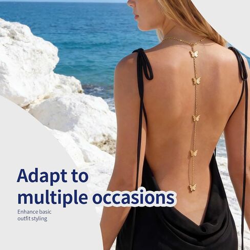 Gold Tone Body Chain for Women, Butterfly Pendant Back Necklace, Adjustable Layered Waist Chain, Boho Style Body Jewelry for Beach Vacation, Music Festivals and Backless Dress Accessories in Kuwait