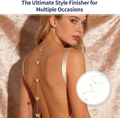 Gold Tone Body Chain for Women, Butterfly Pendant Back Necklace, Adjustable Layered Waist Chain, Boho Style Body Jewelry for Beach Vacation, Music Festivals and Backless Dress Accessories in Kuwait