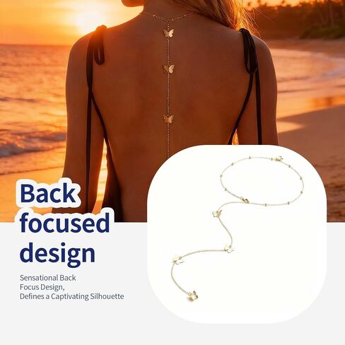Gold Tone Body Chain for Women, Butterfly Pendant Back Necklace, Adjustable Layered Waist Chain, Boho Style Body Jewelry for Beach Vacation, Music Festivals and Backless Dress Accessories in Kuwait