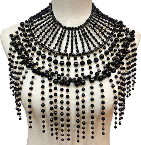Layered Jewelry Shoulder Body Chain Harness Pearl Beaded Necklace Collar Black in Saudi Arabia