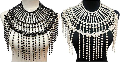 Layered Jewelry Shoulder Body Chain Harness Pearl Beaded Necklace Collar Black in Saudi Arabia