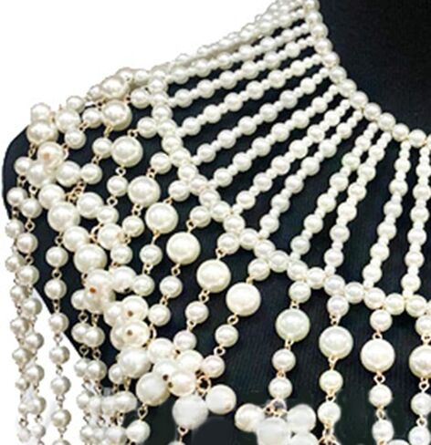 Layered Jewelry Shoulder Body Chain Harness Pearl Beaded Necklace Collar Black in Saudi Arabia