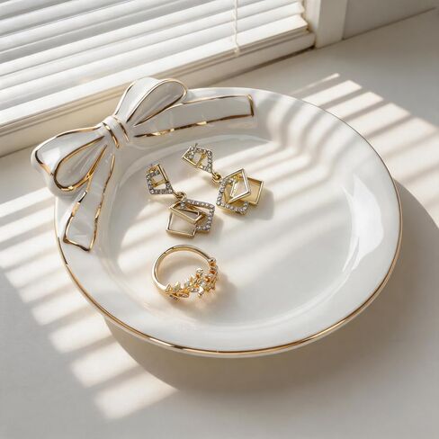Ceramic Ring Dish with Bow,Engagement Wedding Gifts for Women-Decorative Jewelry Tray for Rings,Earrings,Trinket Tray Plate,Key Bowl-Birthday Basket Gift Idea for Women in Saudi Arabia