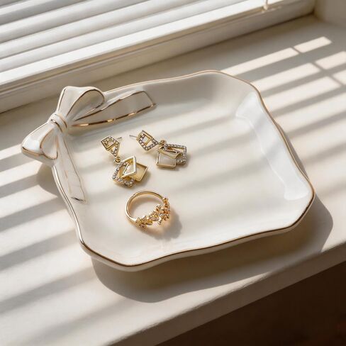Ceramic Ring Dish with Bow,Engagement Wedding Gifts for Women-Decorative Jewelry Tray for Rings,Earrings,Trinket Tray Plate,Key Bowl-Birthday Basket Gift Idea for Women in Saudi Arabia