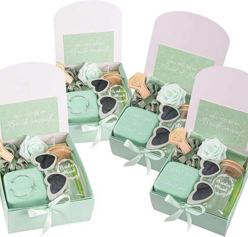 Set of 4 Green Bridesmaid Proposal Gifts, Maid of Honor Gift - Wedding Gift Box Jewelry Box Makeup Bag Bracelet Foam Flower Invited Card Glasses Cup Hair Tie for Bridal Shower Bachelorette Party in Saudi Arabia