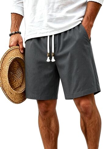 TACVASEN Men' s Casual Shorts 7 Inch Cotton Elastic Waist Drawstring Lightweight Summer Beach Shorts with Pockets in Kuwait