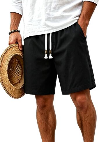 TACVASEN Men' s Casual Shorts 7 Inch Cotton Elastic Waist Drawstring Lightweight Summer Beach Shorts with Pockets in Kuwait