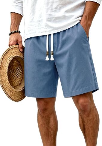 TACVASEN Men' s Casual Shorts 7 Inch Cotton Elastic Waist Drawstring Lightweight Summer Beach Shorts with Pockets in Kuwait