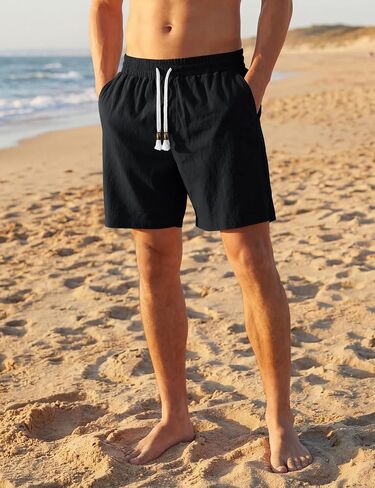 TACVASEN Men' s Casual Shorts 7 Inch Cotton Elastic Waist Drawstring Lightweight Summer Beach Shorts with Pockets in Kuwait