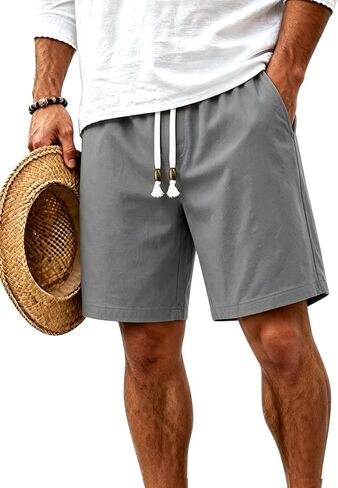 TACVASEN Men' s Casual Shorts 7 Inch Cotton Elastic Waist Drawstring Lightweight Summer Beach Shorts with Pockets in Kuwait