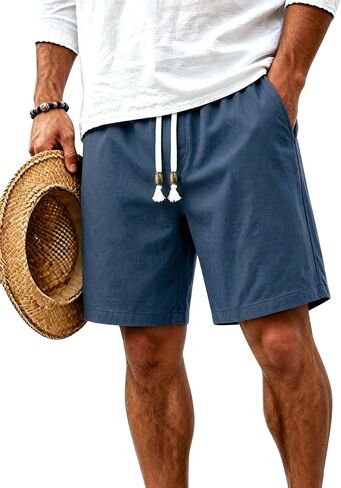 TACVASEN Men' s Casual Shorts 7 Inch Cotton Elastic Waist Drawstring Lightweight Summer Beach Shorts with Pockets in Kuwait