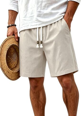 TACVASEN Men' s Casual Shorts 7 Inch Cotton Elastic Waist Drawstring Lightweight Summer Beach Shorts with Pockets in Kuwait
