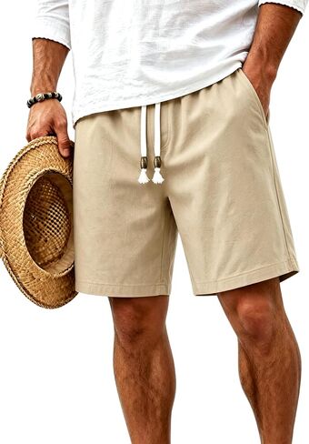 TACVASEN Men' s Casual Shorts 7 Inch Cotton Elastic Waist Drawstring Lightweight Summer Beach Shorts with Pockets in Kuwait