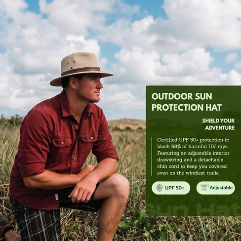 TOP-EX Cotton Aussie Outback Safari Hat, UPF 50+ Sun Hat Wide Brim with Chin Strap, Breathable Packable Bush Hat Men Women in Kuwait