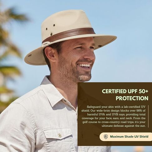 TOP-EX Cotton Aussie Outback Safari Hat, UPF 50+ Sun Hat Wide Brim with Chin Strap, Breathable Packable Bush Hat Men Women in Kuwait