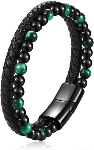 MYNENEY Stainless steel tiger eye stone cuff leather bracelet with bead, hand woven double-layer men's bracelet in Saudi Arabia