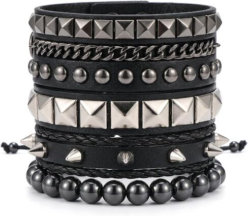4 Pcs Leather Studded Cuff Bracelets, Adjustable Punk Spike Wristband Set - PU Leather Emo Grunge Accessories for Men Women in Saudi Arabia