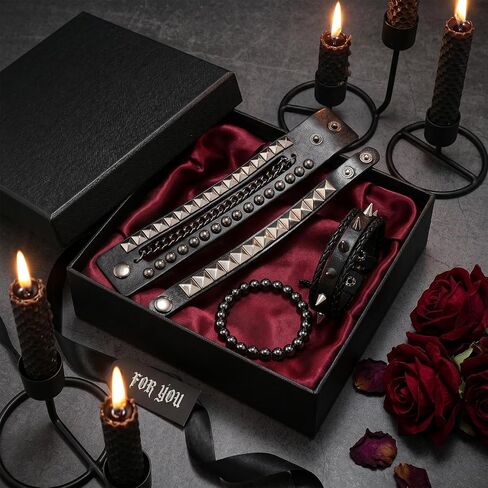 4 Pcs Leather Studded Cuff Bracelets, Adjustable Punk Spike Wristband Set - PU Leather Emo Grunge Accessories for Men Women in Saudi Arabia