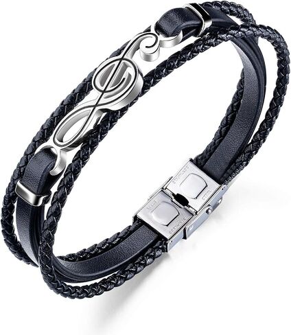 Men's Braided Leather Bracelet Bangle Cuff Music Note Treble Clef Wristband Valentines Punk Gift for Him in Saudi Arabia