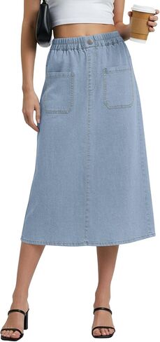 NILOUFO Jean Skirt for Women Denim Midi Skirt Pull On High Waisted Elastic Skirt Back Slit with Pockets in Saudi Arabia