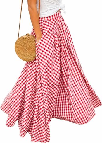 AELSON Women's Gingham Maxi Skirt High Waist Plaid Long Skirts for Women Pleated A Line Flowy Checkered Skirt Summer Casual in Saudi Arabia