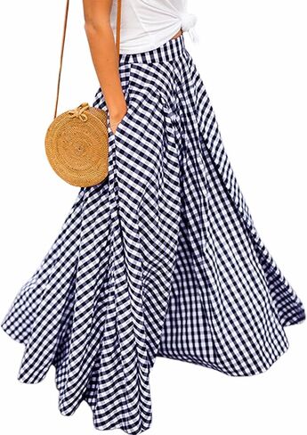 AELSON Women's Gingham Maxi Skirt High Waist Plaid Long Skirts for Women Pleated A Line Flowy Checkered Skirt Summer Casual in Saudi Arabia