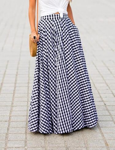 AELSON Women's Gingham Maxi Skirt High Waist Plaid Long Skirts for Women Pleated A Line Flowy Checkered Skirt Summer Casual in Saudi Arabia