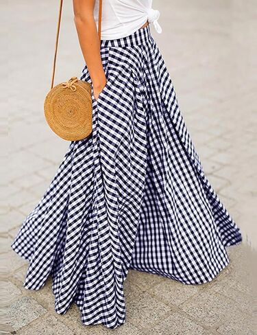AELSON Women's Gingham Maxi Skirt High Waist Plaid Long Skirts for Women Pleated A Line Flowy Checkered Skirt Summer Casual in Saudi Arabia