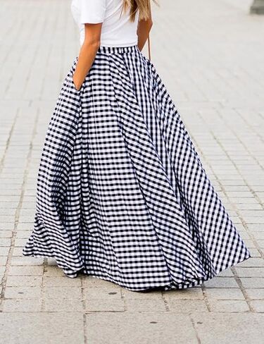 AELSON Women's Gingham Maxi Skirt High Waist Plaid Long Skirts for Women Pleated A Line Flowy Checkered Skirt Summer Casual in Saudi Arabia