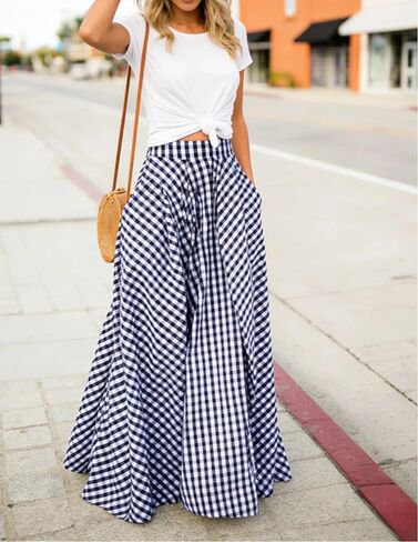 AELSON Women's Gingham Maxi Skirt High Waist Plaid Long Skirts for Women Pleated A Line Flowy Checkered Skirt Summer Casual in Saudi Arabia