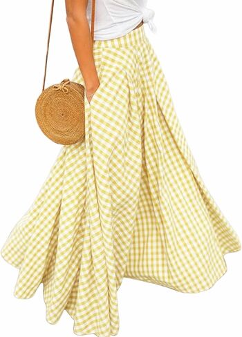 AELSON Women's Gingham Maxi Skirt High Waist Plaid Long Skirts for Women Pleated A Line Flowy Checkered Skirt Summer Casual in Saudi Arabia