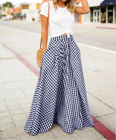 AELSON Women's Gingham Maxi Skirt High Waist Plaid Long Skirts for Women Pleated A Line Flowy Checkered Skirt Summer Casual in Saudi Arabia