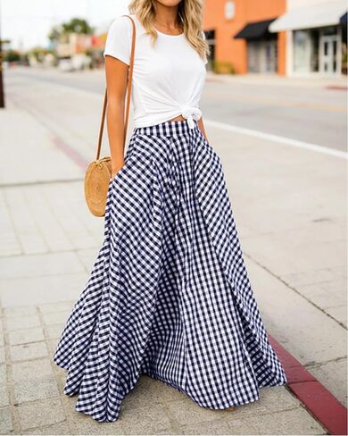 AELSON Women's Gingham Maxi Skirt High Waist Plaid Long Skirts for Women Pleated A Line Flowy Checkered Skirt Summer Casual in Saudi Arabia