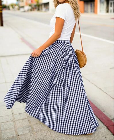 AELSON Women's Gingham Maxi Skirt High Waist Plaid Long Skirts for Women Pleated A Line Flowy Checkered Skirt Summer Casual in Saudi Arabia