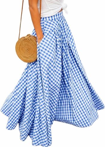 AELSON Women's Gingham Maxi Skirt High Waist Plaid Long Skirts for Women Pleated A Line Flowy Checkered Skirt Summer Casual in Saudi Arabia