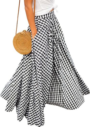AELSON Women's Gingham Maxi Skirt High Waist Plaid Long Skirts for Women Pleated A Line Flowy Checkered Skirt Summer Casual in Saudi Arabia