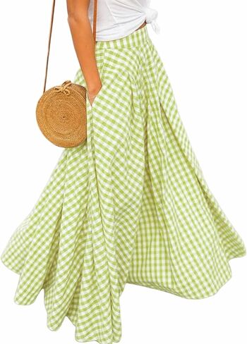 AELSON Women's Gingham Maxi Skirt High Waist Plaid Long Skirts for Women Pleated A Line Flowy Checkered Skirt Summer Casual in Saudi Arabia