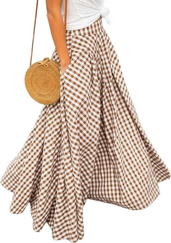 AELSON Women's Gingham Maxi Skirt High Waist Plaid Long Skirts for Women Pleated A Line Flowy Checkered Skirt Summer Casual in Saudi Arabia