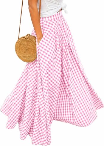 AELSON Women's Gingham Maxi Skirt High Waist Plaid Long Skirts for Women Pleated A Line Flowy Checkered Skirt Summer Casual in Saudi Arabia