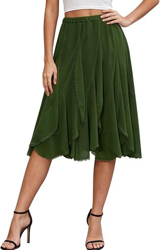 BAISHENGGT Womens Summer Chiffon Flowy Skirts Elastic High Waisted Ruffled with Lace Trim Flared A-Line Midi Skirt in Saudi Arabia