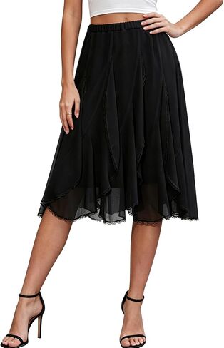 BAISHENGGT Womens Summer Chiffon Flowy Skirts Elastic High Waisted Ruffled with Lace Trim Flared A-Line Midi Skirt in Kuwait
