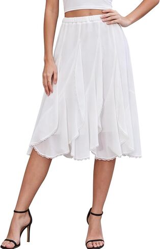 BAISHENGGT Womens Summer Chiffon Flowy Skirts Elastic High Waisted Ruffled with Lace Trim Flared A-Line Midi Skirt in Saudi Arabia