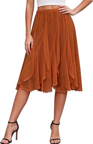 BAISHENGGT Womens Summer Chiffon Flowy Skirts Elastic High Waisted Ruffled with Lace Trim Flared A-Line Midi Skirt in Saudi Arabia