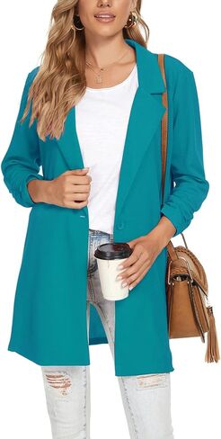 Unifizz Women's 3/4 Sleeve Blazer Open Front Cardigan Jacket Work Office Blazer with Pockets - Turquoise Green, Size XL in Kuwait